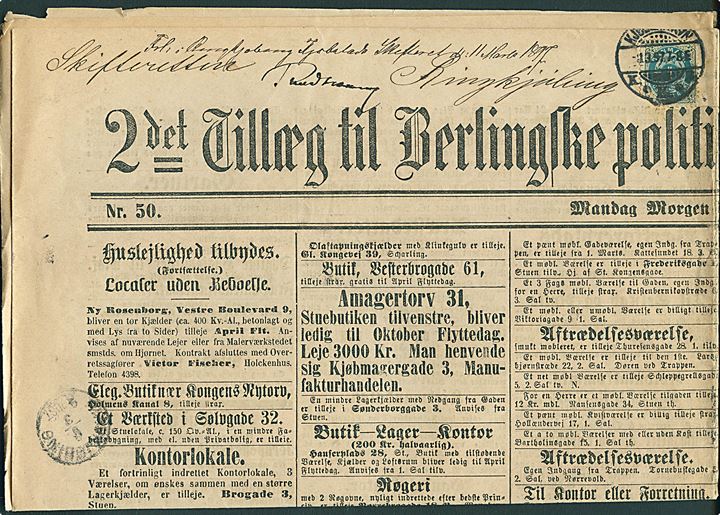 4 øre Tofarvet omv. rm. (hj. fold) på 2det Tillæg til Berlingske politiske og Avertisiments Tidende d. 1.3.1897 stemplet Kjøbenhavn d. 1.3.1897 til Ringkjøbing.