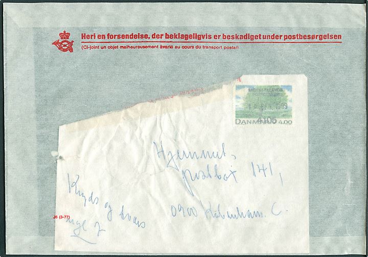 4 kr. Danske Løvtræer på beskadiget brev annulleret med trodatstempel Midtsjællands Postcenter d. 18.2.1999  og ilagt pergamynkuvert J6 (3-77) til København.