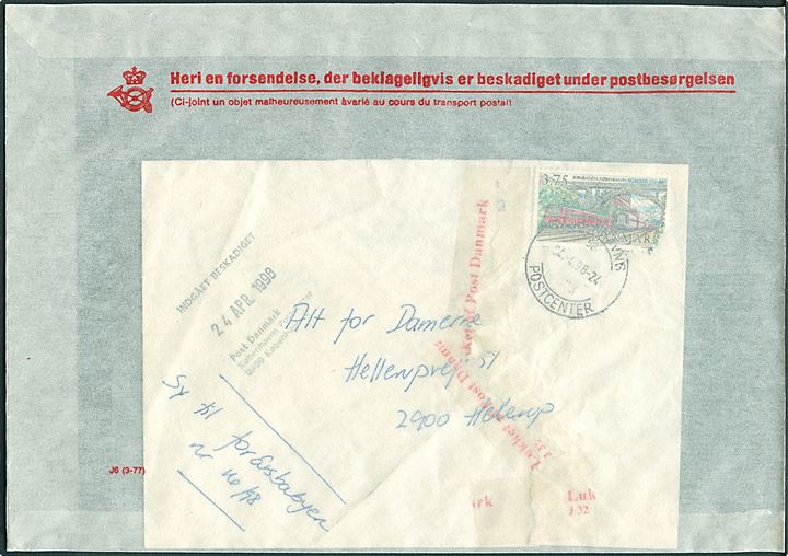 3,75 kr. Jernbane (defekt) på brev fra København d. 24.4.1998 til Hellerup. Stemplet Indgået beskadiget og ilagt pergamynkuvert J6 (3-77).