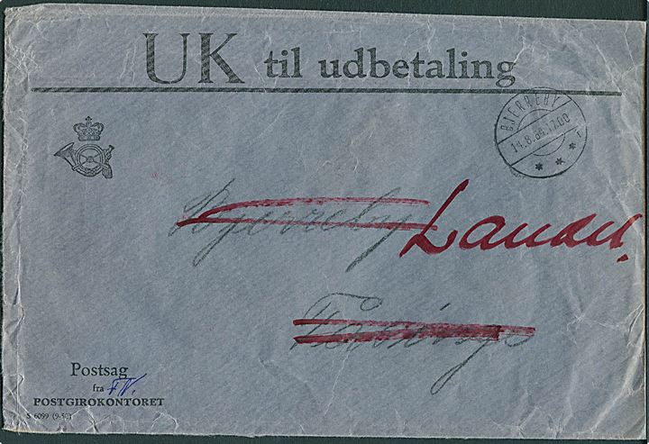 UK til udbetaling postsagskuvert fra Postgirokontoret formular S6099 (9-50) til Bjerreby og eftersendt til Landet med brotype IId Bjerreby sn1 d. 14.8.1964.