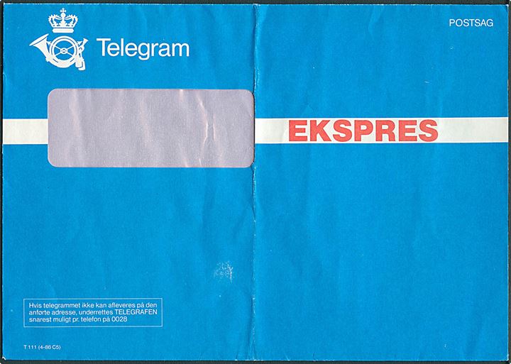 Postsags Telegram  - Ekspres rudekuvert - formular T111 (4-86 C5). Fold.