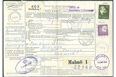 30 öre Gustaf og 1,40 kr. Fröding på internationalt adressekort for pakke fra Sundbyberg d. 11-10-1966 via Malmö, København og Svendborg til Landet på Tåsinge, Danmark.