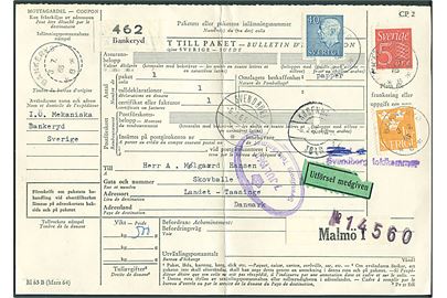 1,45 öre blandingsfrankeret internationalt adressekort for pakke fra Bankeryd d. 3.7.1965 til Landet på Tåsinge, Danmark.
