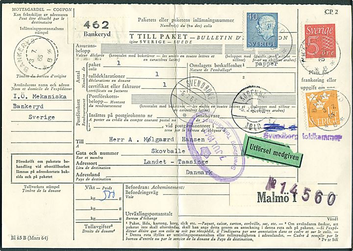 1,45 öre blandingsfrankeret internationalt adressekort for pakke fra Bankeryd d. 3.7.1965 til Landet på Tåsinge, Danmark.