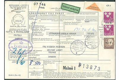 25 öre Gustaf og 2 kr. Tre Kroner i parstykke på internationalt adressekort for pakke fra Fritsla d. 24.6.1965 til Landet på Tåsinge, Danmark.