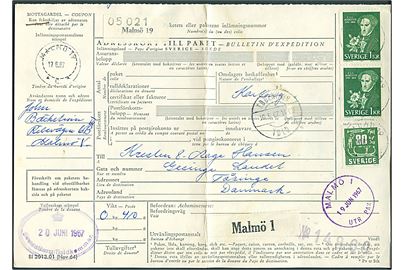 80 öre Runer og 1 kr. Almqvist i parstykke på internationalt adressekort for pakke fra Malmö d. 17.6.1967 til Landet på Tåsinge, Danmark.