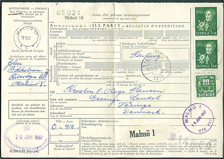 80 öre Runer og 1 kr. Almqvist i parstykke på internationalt adressekort for pakke fra Malmö d. 17.6.1967 til Landet på Tåsinge, Danmark.