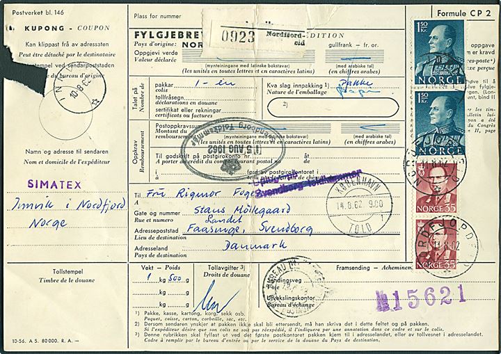 35 øre (2) og 1,50 kr. (2) Olav på internationalt adressekort for pakke fra Invik d. 10.8.1962 annulleret Nordfjordeid d. 11.8.1962 til Landet på Tåsinge, Danmark. Rift i venstre side.