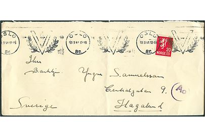 20 øre Løve på brev annulleret med TMS V/Oslo d. 19.9.1941 til Hagalund, Sverige. Passér stemplet Ao ved den tyske censur i Oslo.