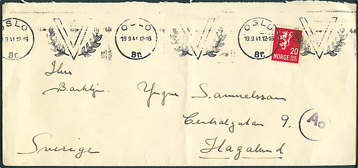 20 øre Løve på brev annulleret med TMS V/Oslo d. 19.9.1941 til Hagalund, Sverige. Passér stemplet Ao ved den tyske censur i Oslo.