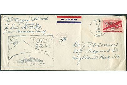 6 cents Transport på luftpost feltpostbrev stemplet U.S. Navy / Quincy Tokyo Bay d. 2.9.1945 til Highland Park, USA. Violet flåde censur og rammestempel fra USS Quincy i Tokyo d. 2.9.1945.