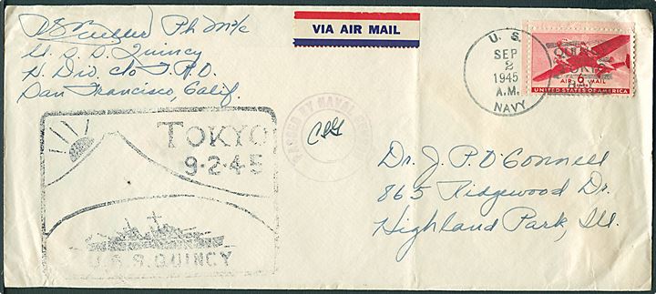6 cents Transport på luftpost feltpostbrev stemplet U.S. Navy / Quincy Tokyo Bay d. 2.9.1945 til Highland Park, USA. Violet flåde censur og rammestempel fra USS Quincy i Tokyo d. 2.9.1945.