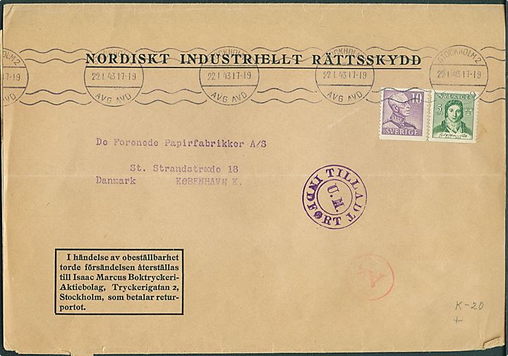 5 öre Scheele og 10 öre Gustaf på tryksag fra Stockholm d. 22.1.1943 til København, Danmark. Rød censur Ak og violet tryksagskontrol stempel Tilladt/U.M./Indført.