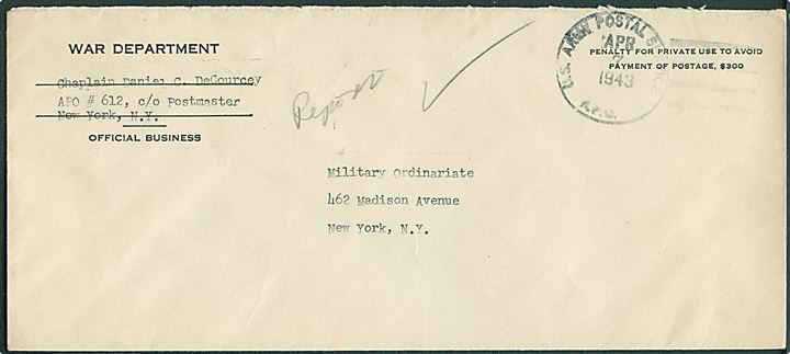 Ufrankeret War Department tjenestekuvert stemplet U. S. Army Postal Service A.P.O. d. 7.4.1943 til New York, USA. Fra Chaplain ved APO 612 (= Akureyri, Island).