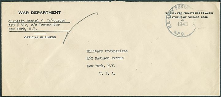 Ufrankeret War Department tjenestekuvert stemplet U. S. Army Postal Service A.P.O. d. 2.3.1943 til New York, USA. Fra Chaplain ved APO 612 (= Akureyri, Island).