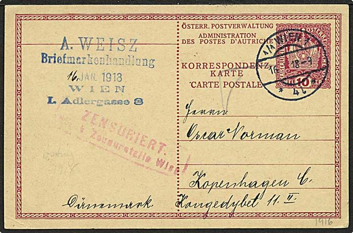 10 h. helsagsbrevkort fra Wien d. 16.1.1918 til København, Danmark. Rammestempel: ZENSURIERT K.u.K. Zensurstelle Wien.
