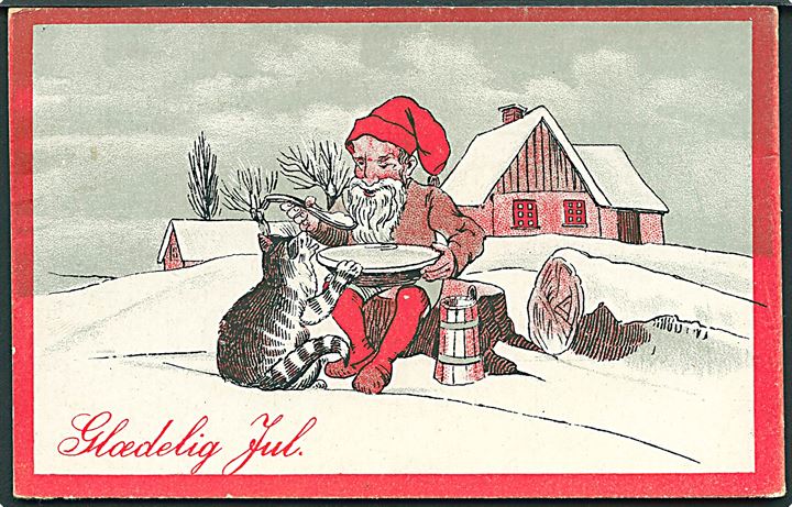 Glædelig Jul. Nisse og kat deles om grøden. H. Chr. P. u/no. 