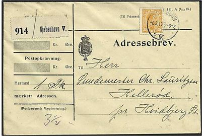 35 øre Chr. X single på adressebrev for pakke fra Kjøbenhavn V. d. 6.3.1916 til Hellerød pr. Hvidbjerg St.