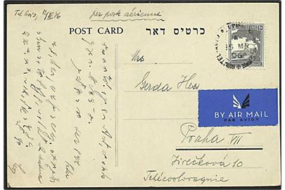 10 mills single på luftpost brevkort fra Tel Aviv d. 15.3.1936 til Prag, Tjekkoslovakiet.