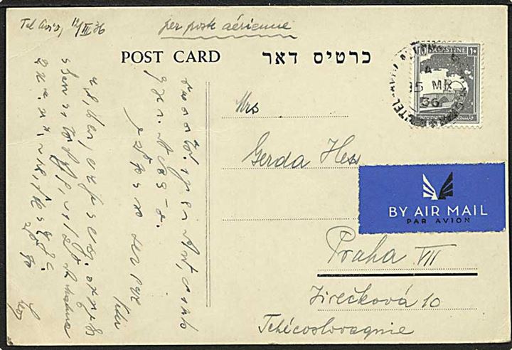 10 mills single på luftpost brevkort fra Tel Aviv d. 15.3.1936 til Prag, Tjekkoslovakiet.