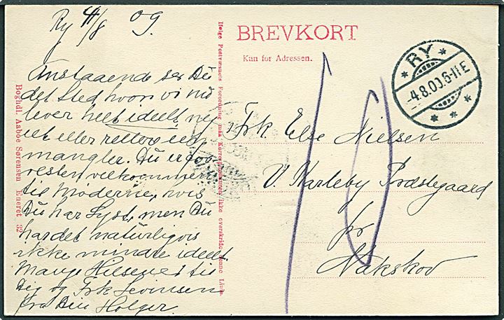 Ry St. Højskolens have. Mølle ses til højre. Boghandler Aaboe Sørensen no. 32. Sendt ufrankeret med brotype Ia *Ry* d. 4.8.1909 til Nakskov. Udtakseret i 10 øre porto.