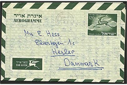 120 pr. helsags aerogram fra Tel Aviv 1955 til Herlev, Danmark.