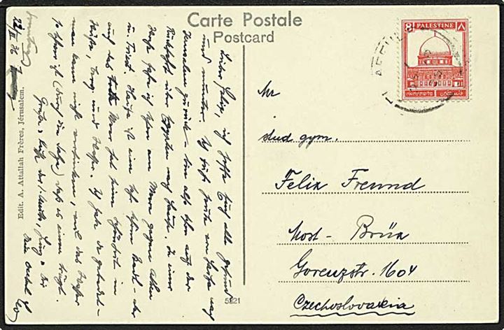 8 mills brevkort fra Affule 1936 til Brüx, Tjekkoslovakiet.