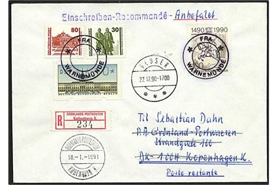 Tysk balndingsfrankeret anbefalet skibsbrev annulleret med dansk skibsstempel FRA * WARNEMÜNDE * og sidestemplet Gedser d. 27.12.1990 til poste restante ved Grønlands Postkontor i København.