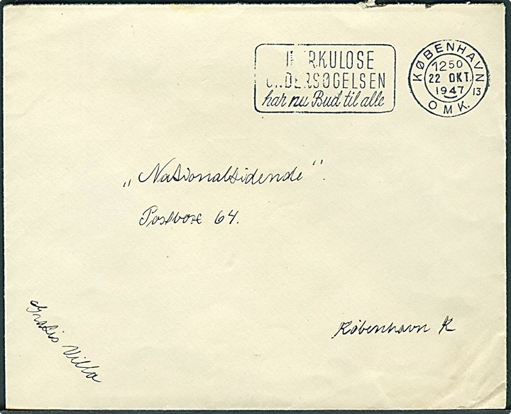 Ufrankeret lokalbrev i København d. 22.10.1947. Ikke udtakseret i porto.