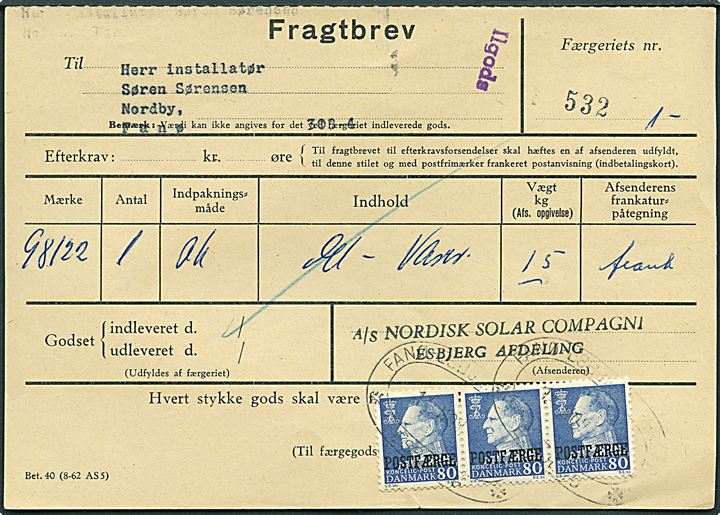 80 øre Fr. IX Postfærgemærke i 3-stribe på fragtbrev for Ilgods fra Esbjerg d. 14.11.196? til Nordby, Fanø.