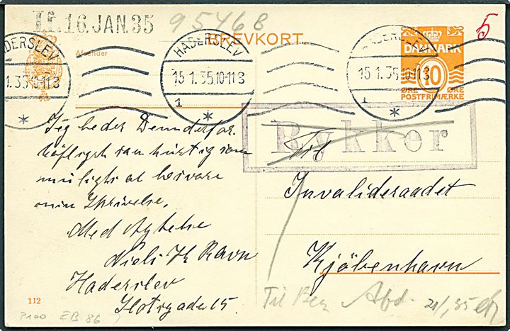 10 øre helsagsbrevkort fra Haderslev d. 15.1.1935 til København. Rammestempel Rykker.