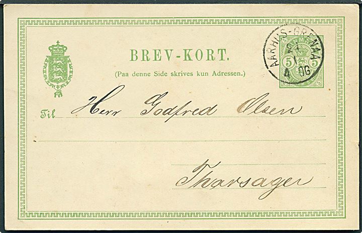 5 øre Våben helsagsbrevkort fra Grenaa annulleret med lapidar bureaustempel Aarhus - Grenaa d. 24.1.1889 til Thorsager.