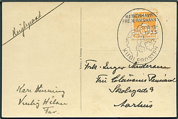 10 øre Bølgelinie på brevkort annulleret med særstempel: København - Frederikshavn Kuglepost 31/8-12/9 1935 til Aarhus.