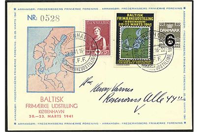 6/8 øre Provisorium og 5+3 øre Røde Kors, samt udstillingsmærkat på udstillingsbrevkort stemplet København Baltisk Frimærkeudstilling d. 30.3.1941.