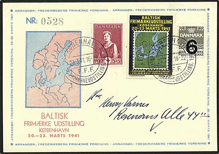 6/8 øre Provisorium og 5+3 øre Røde Kors, samt udstillingsmærkat på udstillingsbrevkort stemplet København Baltisk Frimærkeudstilling d. 30.3.1941.