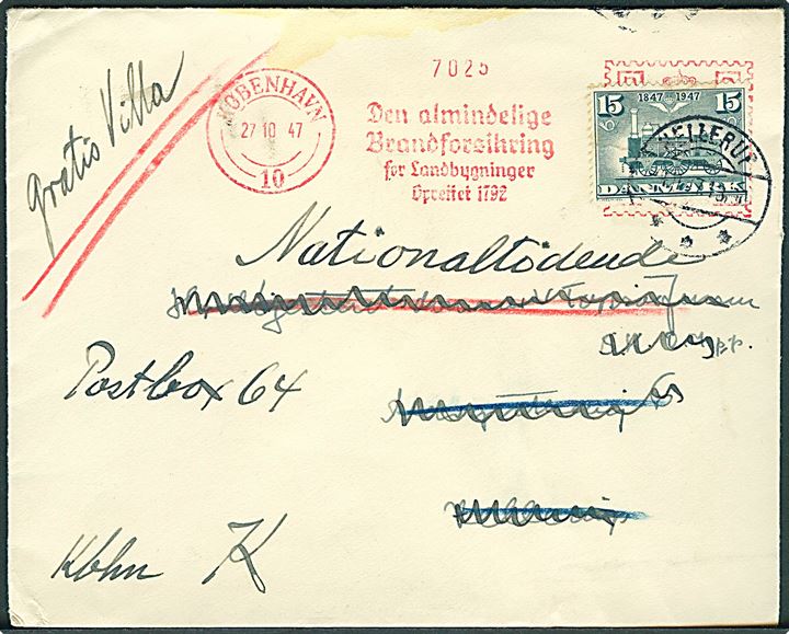 Firmafranko stempel og 15 øre DSB Jubilæum på genbrugskuvert fra Hellerup d. 4.11.1947 til København.