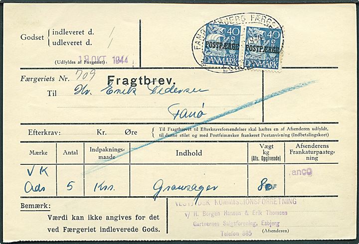 40 øre Karavel Postfærgemærke i parstykke på fragtbrev fra Esbjerg d. 19.10.1944 til Fanø.