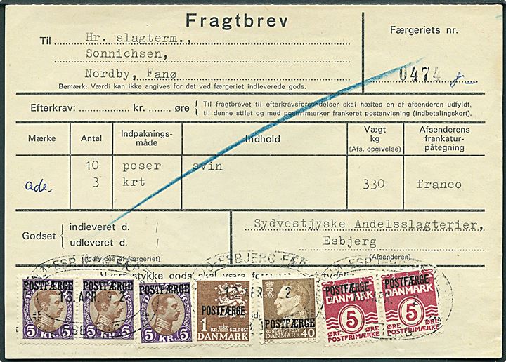 5 øre Bølgelinie (2), 40 øre Fr. IX, 1 kr. Fr. IX og 5 kr. Chr. X (3) Postfærgemærker på fragtbrev fra Esbjerg d. 13.4.1972 til Nordby, Fanø.