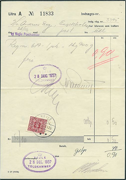 40 øre Portomærke annulleret Vejle d. 28.12.1957 på toldkvittering fra Vejle Toldkammer.