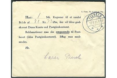 Kvitteringskuvert - formular S.Form. Nr. 8 (15-6-29) med brotype IIb Felsted d. 17.9.1930.