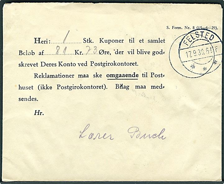 Kvitteringskuvert - formular S.Form. Nr. 8 (15-6-29) med brotype IIb Felsted d. 17.9.1930.