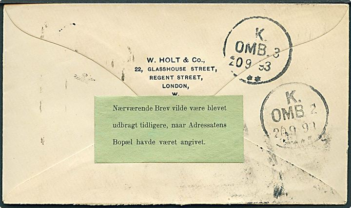 ½d og 1d (2) Victoria på brev fra London d. 18.9.1893 til Kjøbenhavn, Danmark. På bagsiden påsat grøn meddelelse: Nærværende Brev vilde være blevet udbragt tidligere, naar Adressatens Bopæl havde været angivet.