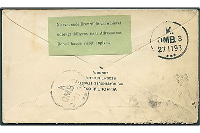 ½d og 1d (2) Victoria på brev fra London d. 25.11.1893 til Kjøbenhavn, Danmark. På bagsiden påsat grøn meddelelse: Nærværende Brev vilde være blevet udbragt tidligere, naar Adressatens Bopæl havde været angivet.