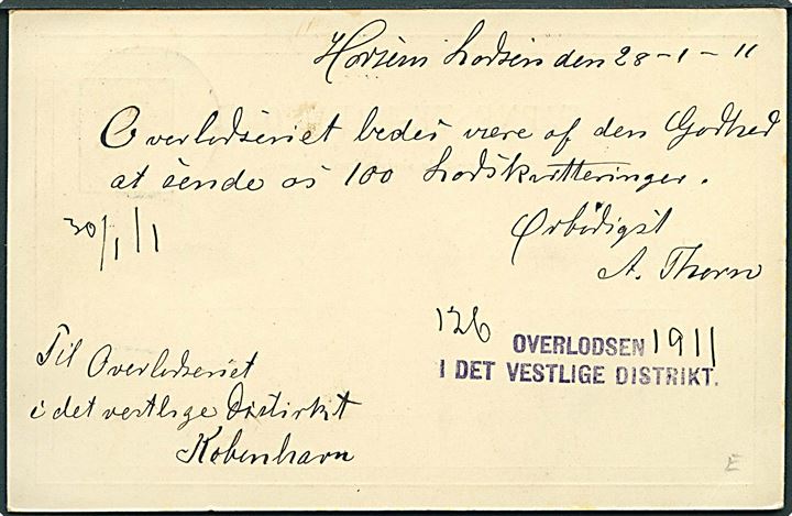 5 øre Tjenestebrevkort fra Horsens d. 28.1.1911 til København. 