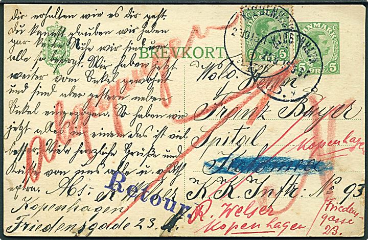 5 øre Chr. X helsagsbrevkort opfrankeret med 5 øre Chr. X fra Kjøbenhavn d. 25.9.1915 til østrigsk militæradresse i Kolomea, Ukraine. Retur med påskrift Abgegangen.  