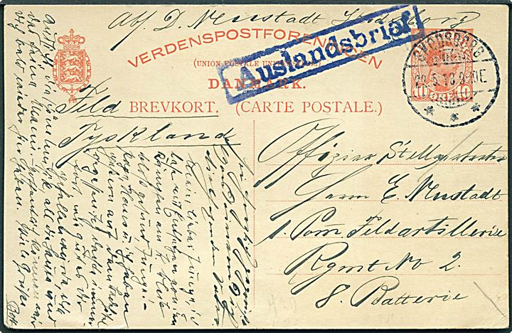 10 øre Chr. X helsagsbrevkort fra Skodsborg d. 22.5.1918 til tysk feltpostadresse: 1. Pom. Feldartillerie Regiment No. 2, 8. Batterie. Blåt rammestempel Auslandsbrief.