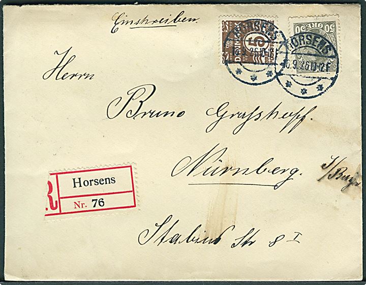 5 øre Bølgelinie og 50 øre Chr. X på anbefalet brev fra Horsens d. 16.9.1926 til Nürnberg, Tyskland.