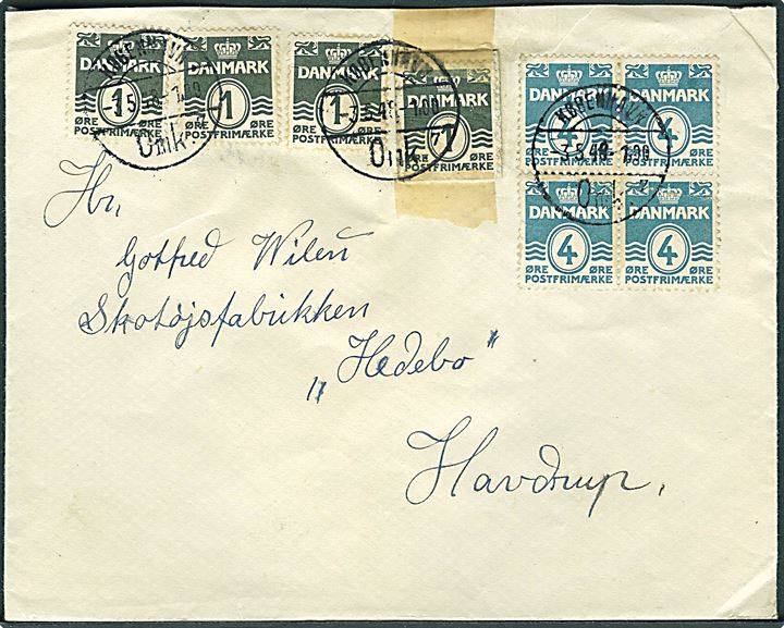 1 øre (4) og 4 øre (fireblok) Bølgelinie på brev fra København d. 3.5.1948 til Havdrup. Ene 1 øre Bølgelinie er postal anvendt frimærke skillemønt.