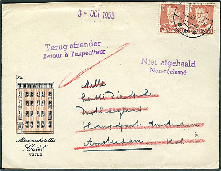 30 øre Fr. IX i parstykke på illustreret firmakuvert fra Missionshotellet Caleb i Vejle d. 7.9.1955 til poste restante i Amsterdam, Holland. Retur som ikke afhentet.