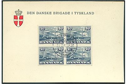 40 øre DSB Jubilæum i fireblok på uadresseret brevkort annulleret Den danske Brigade / 4 / * i Tyskland * d. 27.7.1947.
